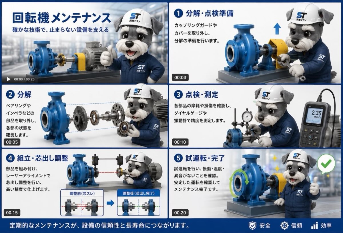 有限会社周南テクノ SNS担当です！⚙️ 今回は「回転機メンテナンス」の流れを、 シュナくんと一緒にご紹介します🐶🔧 ポンプやモーターなどの回転機は、工場を動かす心臓部